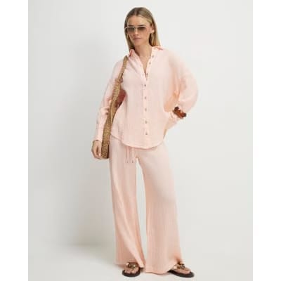 Petite Pink Crinkle Wide Leg Trousers