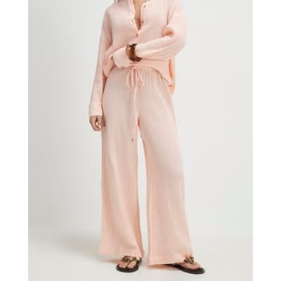 Petite Pink Crinkle Wide Leg Trousers