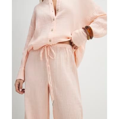 Petite Pink Crinkle Wide Leg Trousers