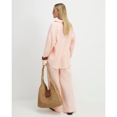 Petite Pink Crinkle Wide Leg Trousers