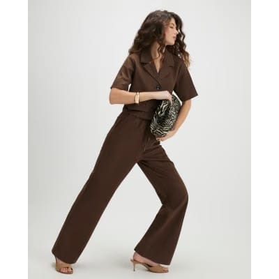 Brown Faux Suede Drawstring Trousers