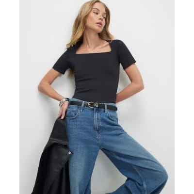 Black Square Neck Fitted Top