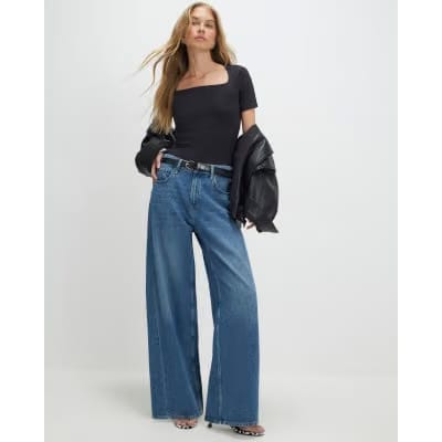Black Square Neck Fitted Top