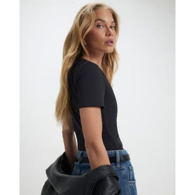 Black Square Neck Fitted Top