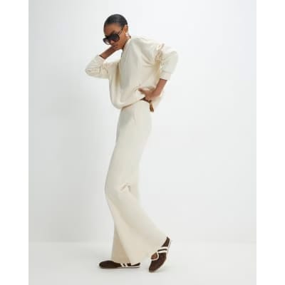 Cream Stretch Wide Leg Trousers