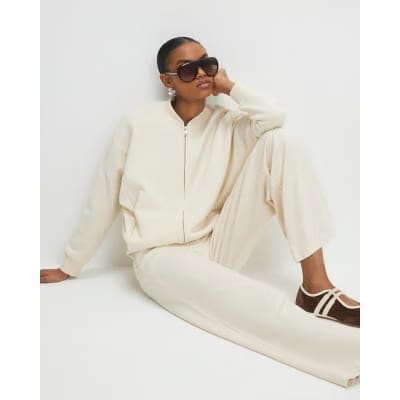 Cream Stretch Wide Leg Trousers