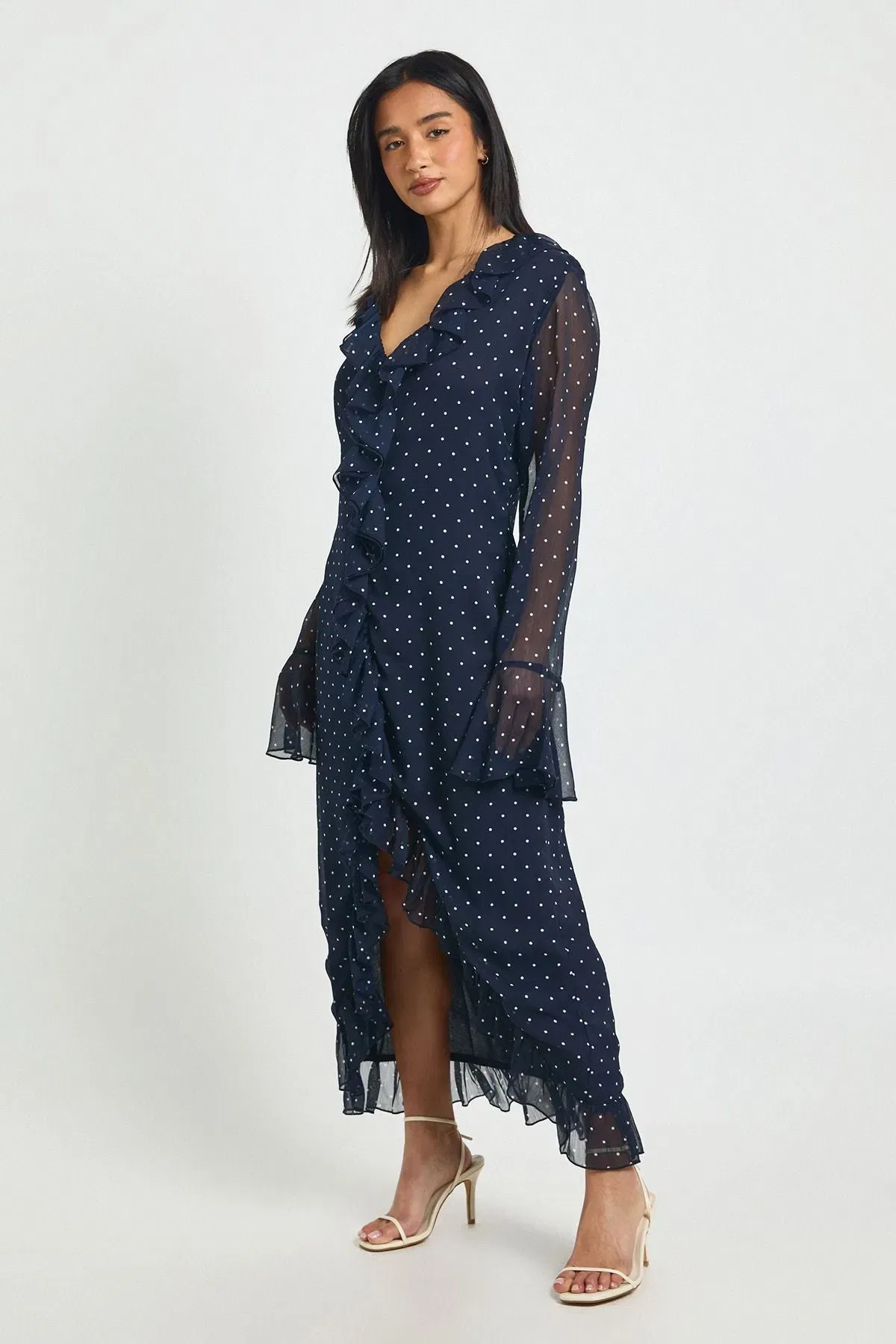 Petite Chiffon Polka Dot Ruffle Detail Midi Dress