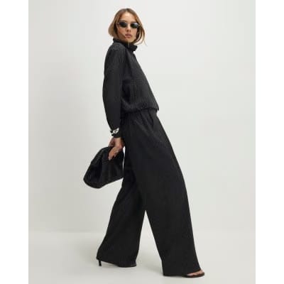 Grey Pinstripe Elastic Wide Leg Trousers