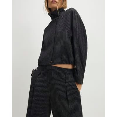 Grey Pinstripe Elastic Wide Leg Trousers