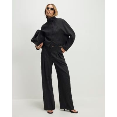 Grey Pinstripe Elastic Wide Leg Trousers