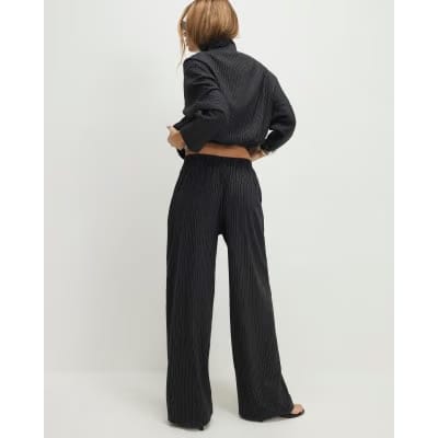 Grey Pinstripe Elastic Wide Leg Trousers