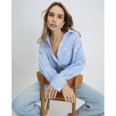 Blue Striped Daisy Embroidered Knot Shirt