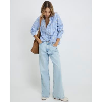 Blue Striped Daisy Embroidered Knot Shirt