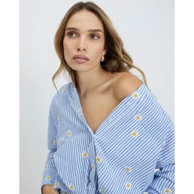 Blue Striped Daisy Embroidered Knot Shirt
