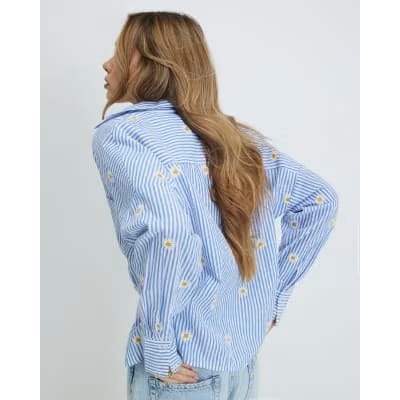 Blue Striped Daisy Embroidered Knot Shirt