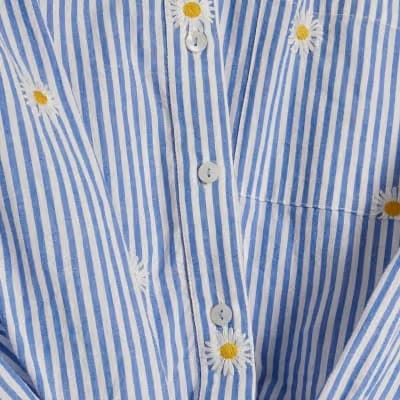 Blue Striped Daisy Embroidered Knot Shirt