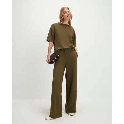 Khaki Premium Whipstitch Wide Leg Joggers