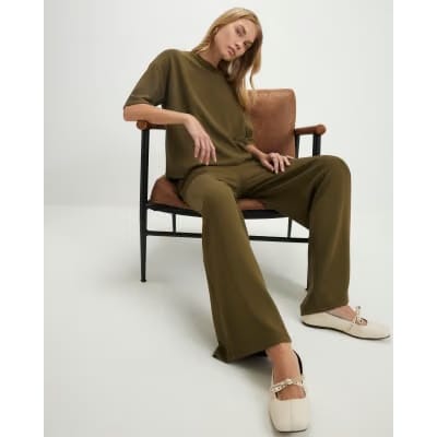 Khaki Premium Whipstitch Wide Leg Joggers