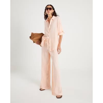Pink Crinkle Drawstring Wide Leg Trousers