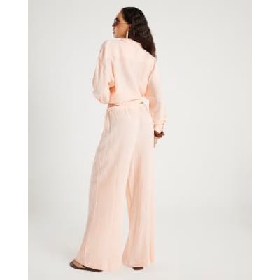 Pink Crinkle Drawstring Wide Leg Trousers