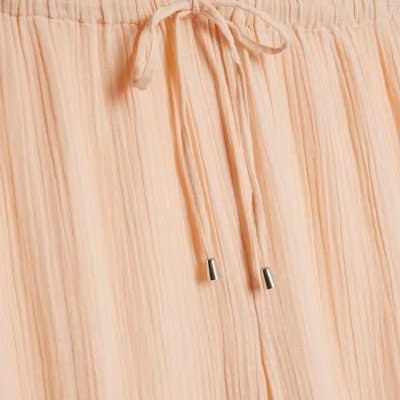 Pink Crinkle Drawstring Wide Leg Trousers