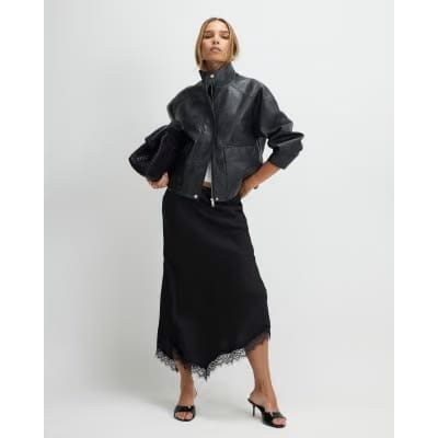 Black Satin Asymmetric Lace Trim Midi Skirt