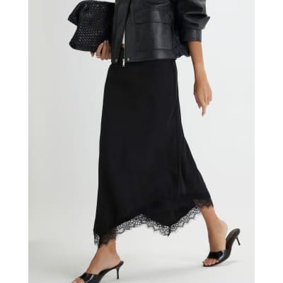 Black Satin Asymmetric Lace Trim Midi Skirt