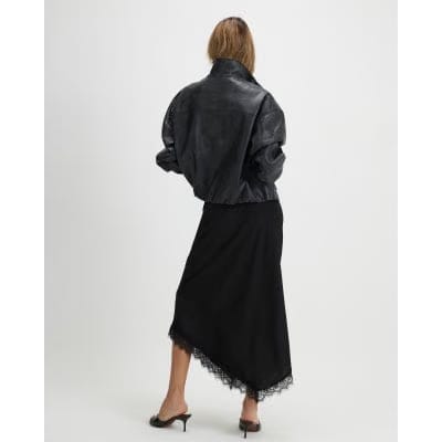 Black Satin Asymmetric Lace Trim Midi Skirt