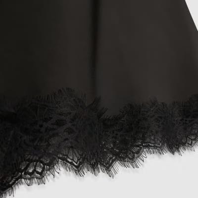 Black Satin Asymmetric Lace Trim Midi Skirt