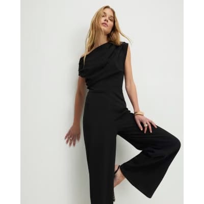 Black Sleeveless Asymmetric Drape Jumpsuit