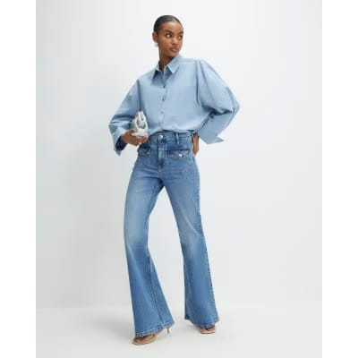 Blue High Waisted Relaxed Flare Jeans