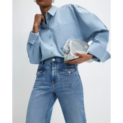 Blue High Waisted Relaxed Flare Jeans