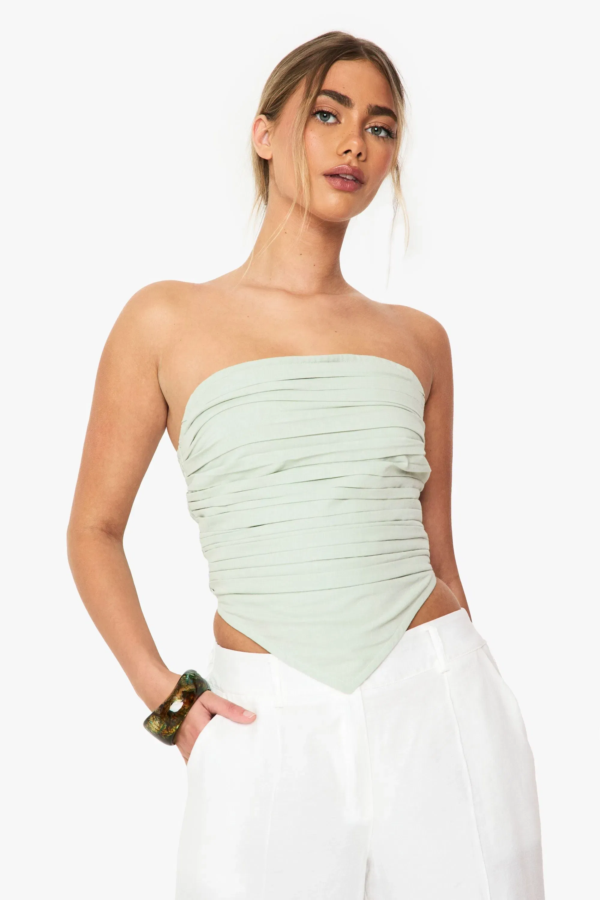 Linen Pleated Bandeau Crop Top