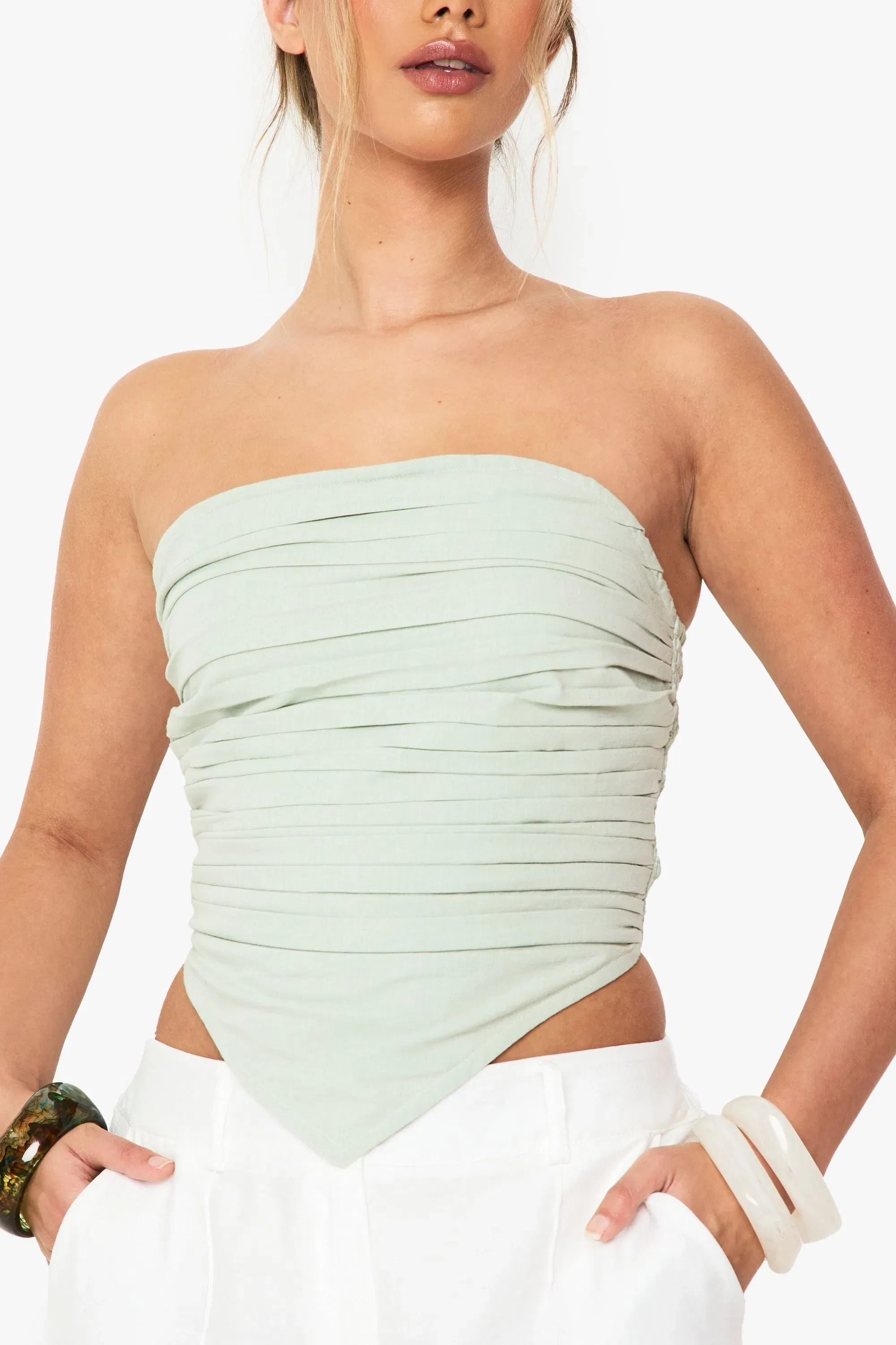 Linen Pleated Bandeau Crop Top