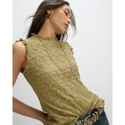 Khaki Sleeveless Lettuce Trim Textured Top