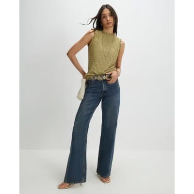 Khaki Sleeveless Lettuce Trim Textured Top