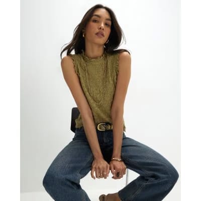 Khaki Sleeveless Lettuce Trim Textured Top