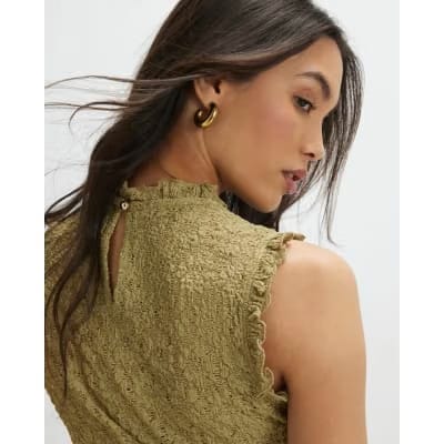 Khaki Sleeveless Lettuce Trim Textured Top