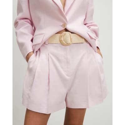 Pink Linen Look Belted Shorts