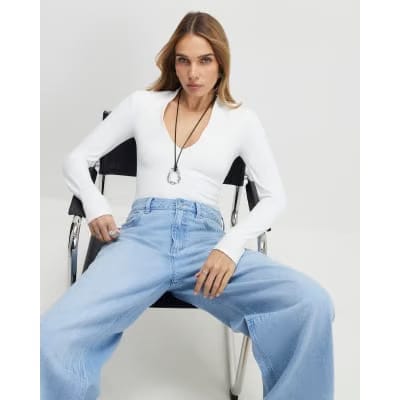 White Plunge Neckline Long Sleeve Bodysuit