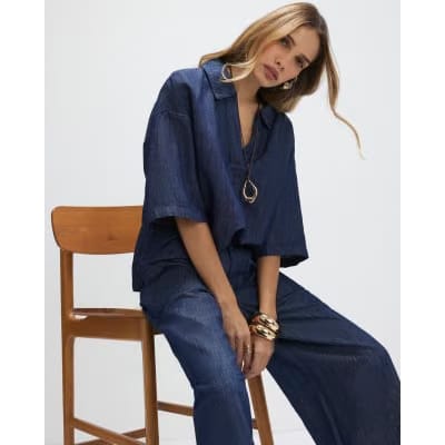 Blue Premium Linen Blend Denim Tunic Top