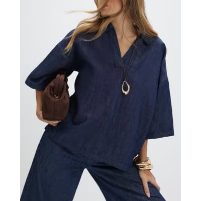 Blue Premium Linen Blend Denim Tunic Top