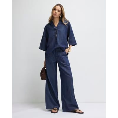 Blue Premium Linen Blend Denim Tunic Top