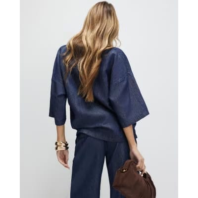 Blue Premium Linen Blend Denim Tunic Top