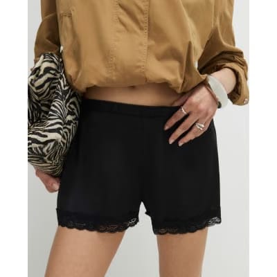 Black Satin Lace Trim Shorts