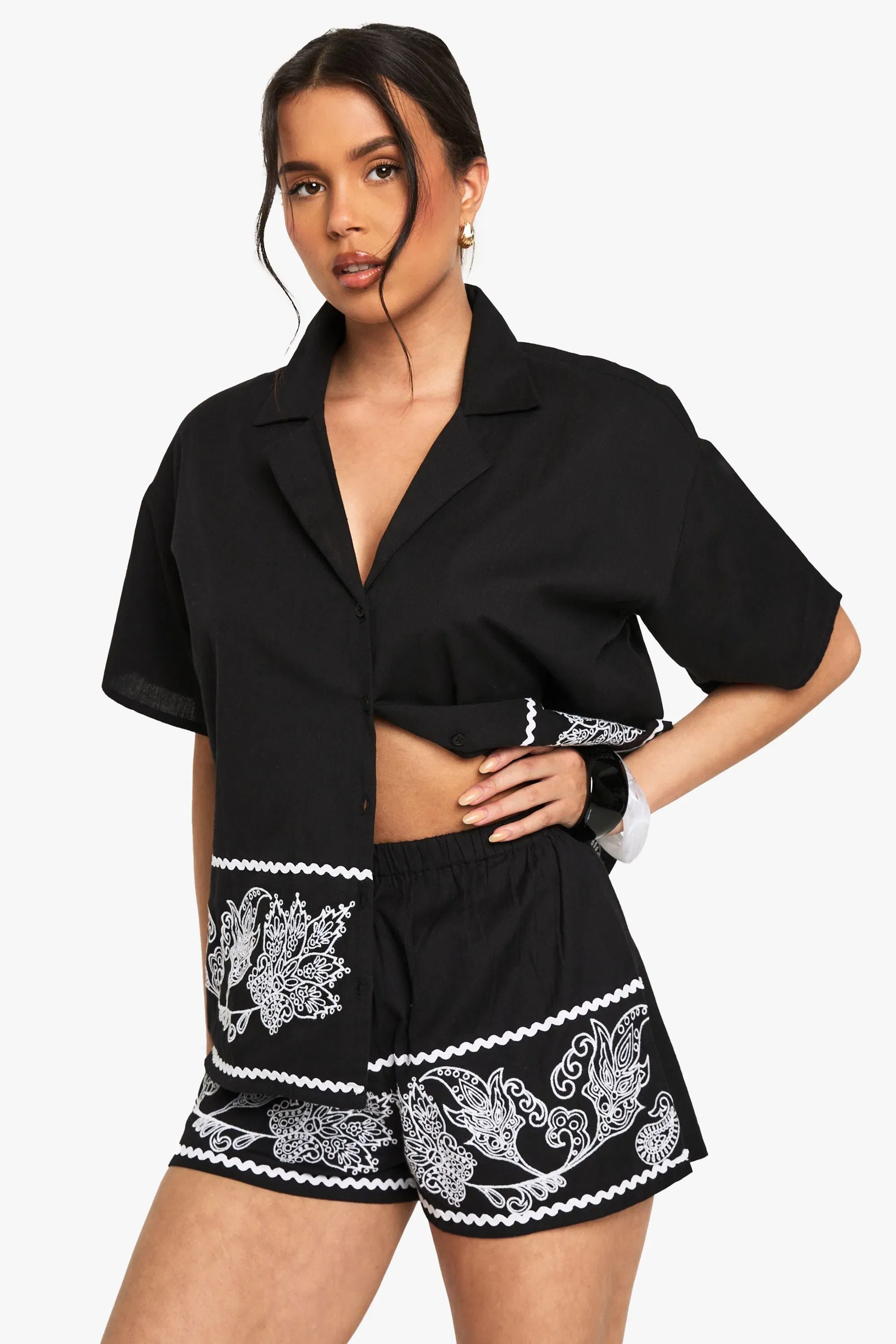 Embroidered Trim Cotton Poplin Shorts