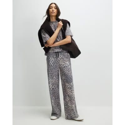 Beige Leopard Drawstring Wide Leg Joggers