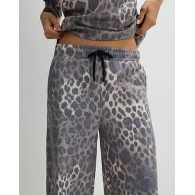 Beige Leopard Drawstring Wide Leg Joggers