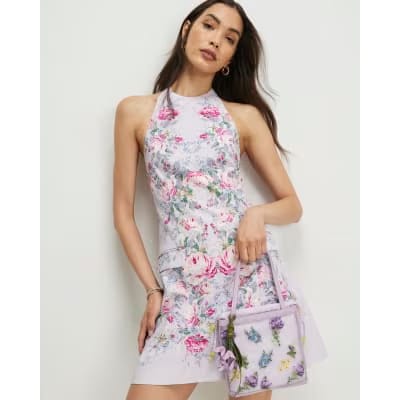 Purple Tailored Halter Neck Floral Mini Dress