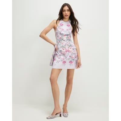 Purple Tailored Halter Neck Floral Mini Dress